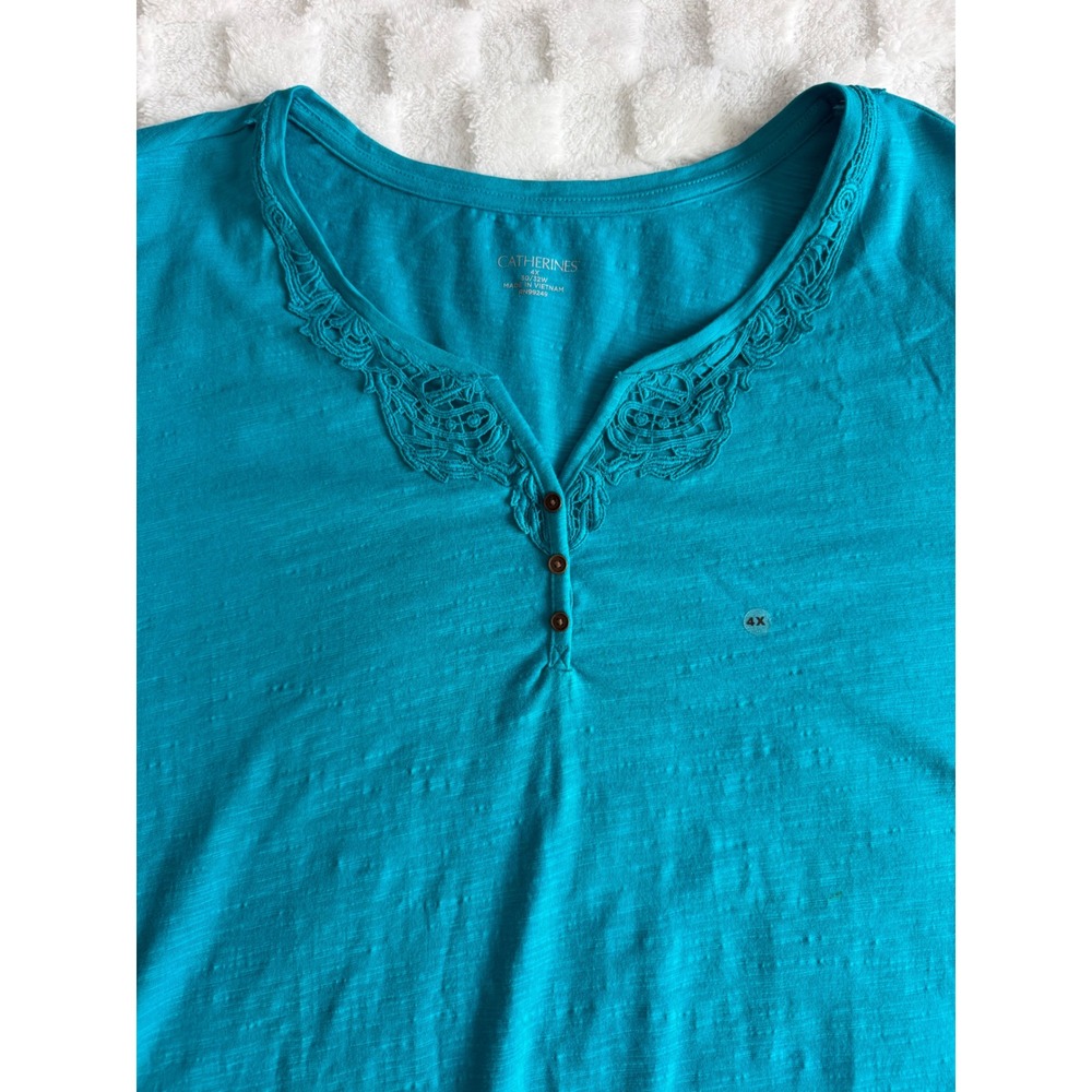 Catherines Women Teal Blue Cotton Slub Henley Crochet Lace V-Neck Top Sz 4X-NWT